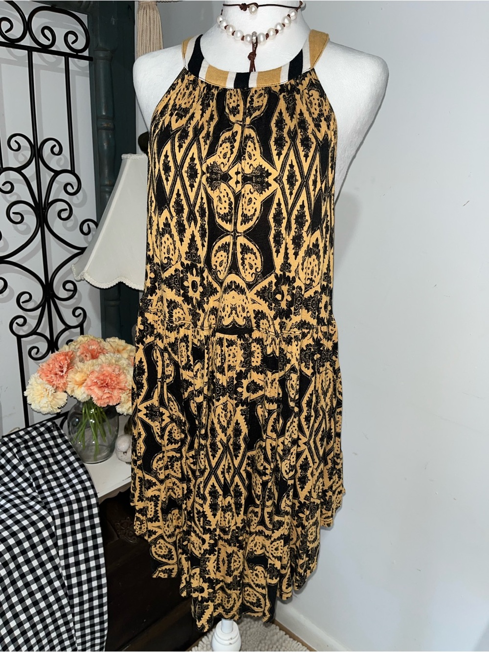 Boho Tiered Halter Top in Mustard and Black